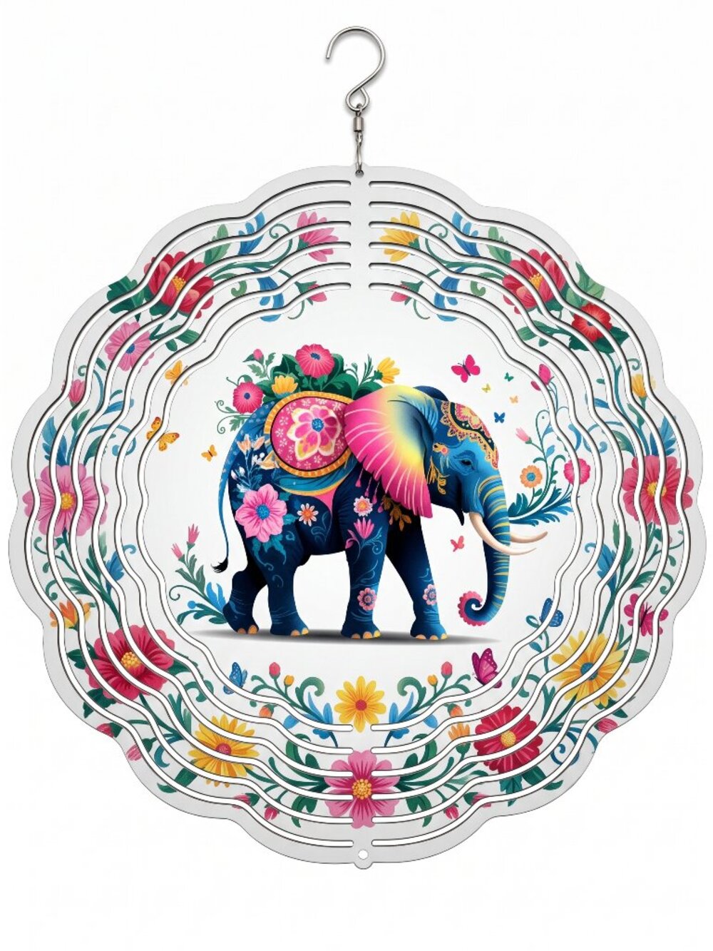 10" Floral Elephant Kinetic Wind Spinner - White Metal Hanging Yard Decor
